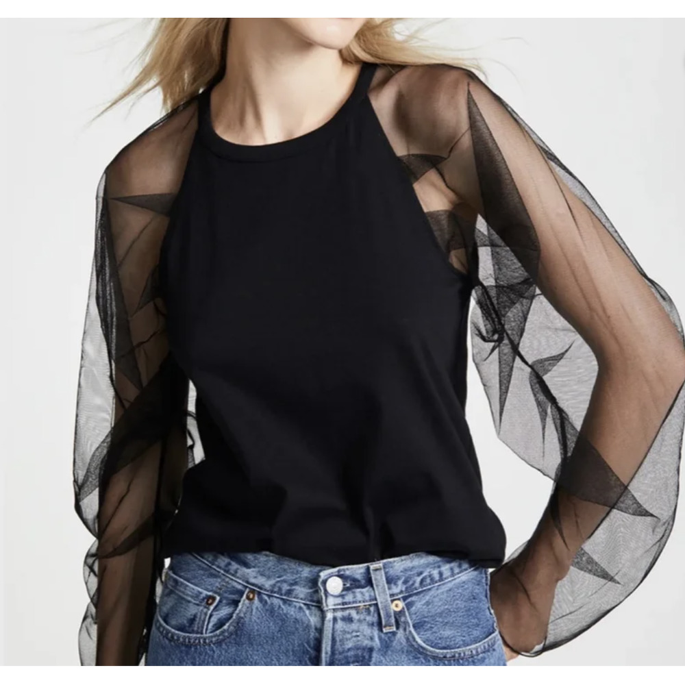 See By Chloe Mesh Puff Sleeve Crewneck Top Black Size Medium